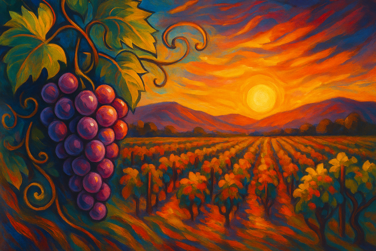 Paisaje de vendimia en el Valle de Guadalupe al atardecer con racimo de uvas y viñedo