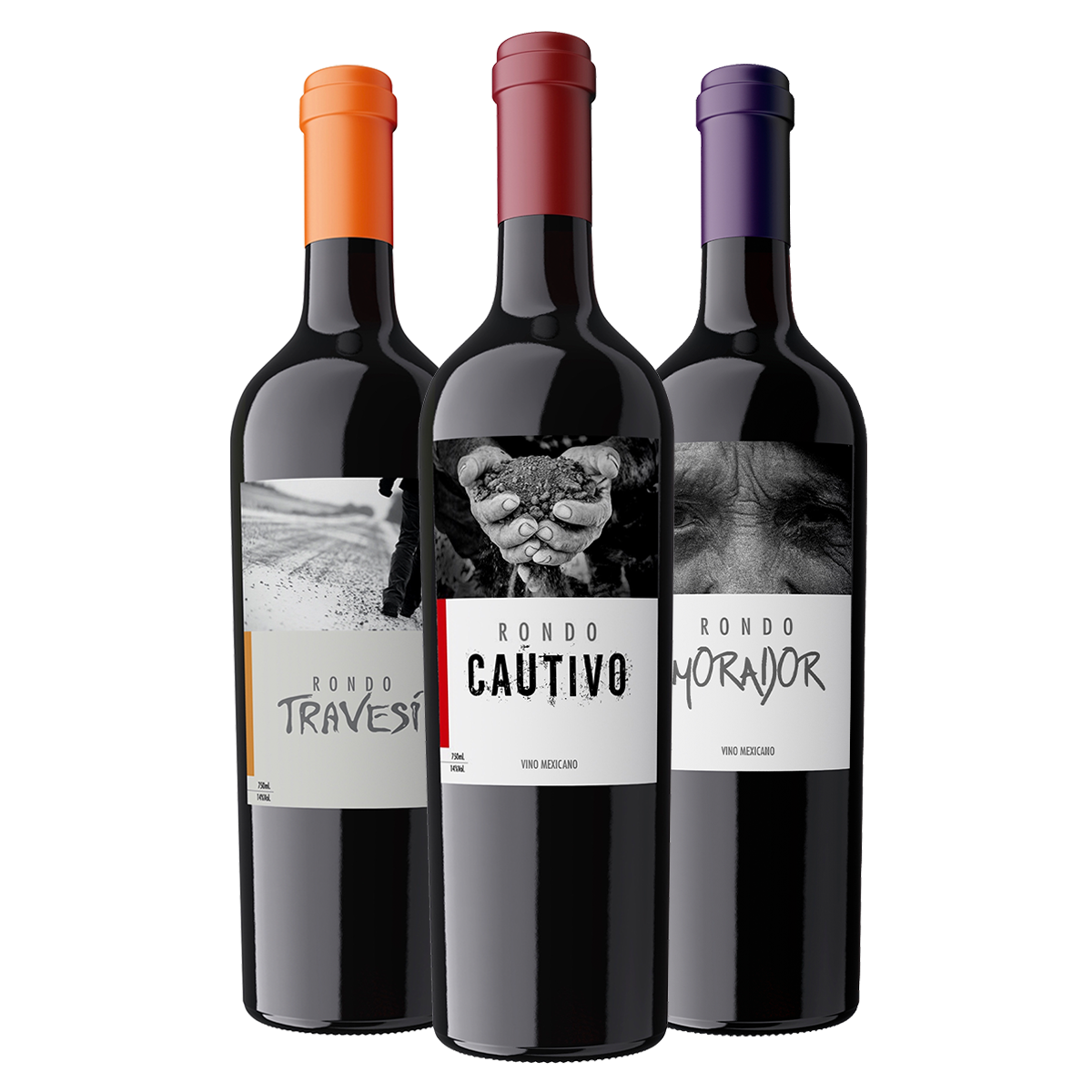 Tres botellas de vino mexicano del Valle de Guadalupe