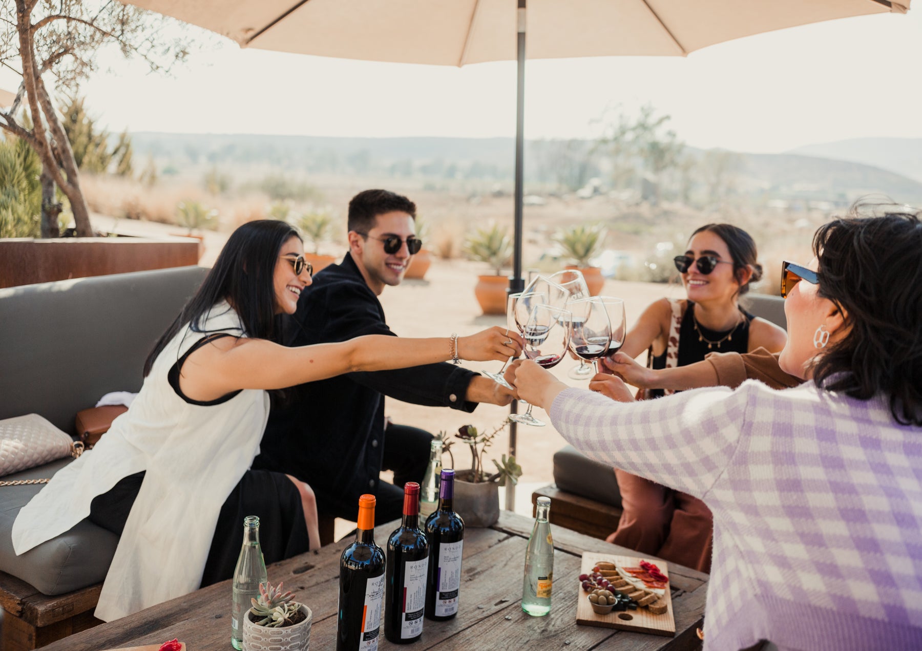 Gente disfrutando de vino en una terraza en el Valle de Guadalupe