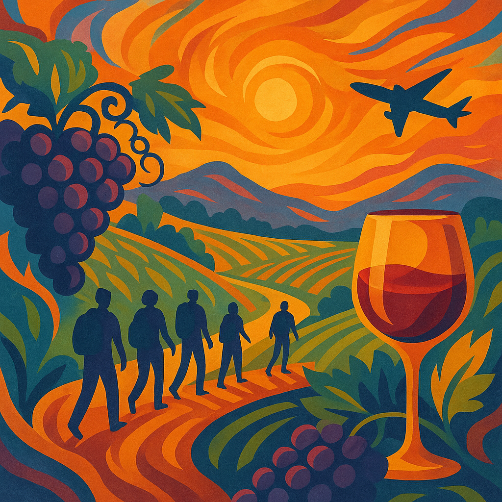 Vino y turismo: visitantes caminando por viñedos de Rondo del Valle en el Valle de Guadalupe, México